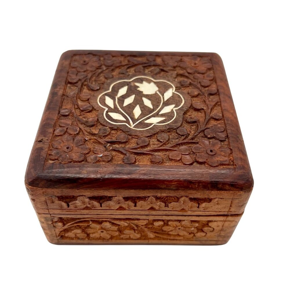 Hand-Carved Wooden Jewelry Trinket Box With Floral Inlay Design & Hinged Lid 4"